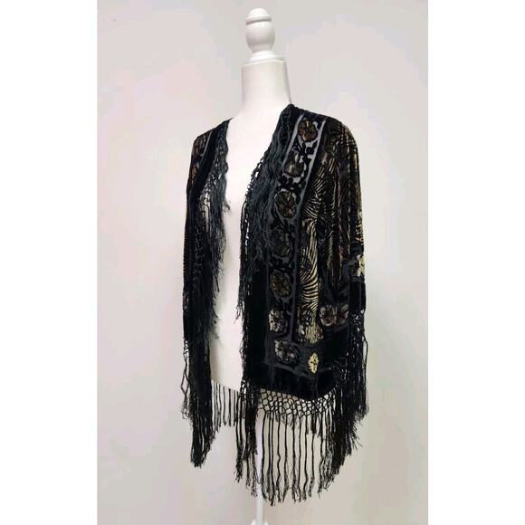 Vtg Aris A Piano Fringe Velvet Burnout Dramatic Open Jacket Black & Amber OS - Picture 4 of 10